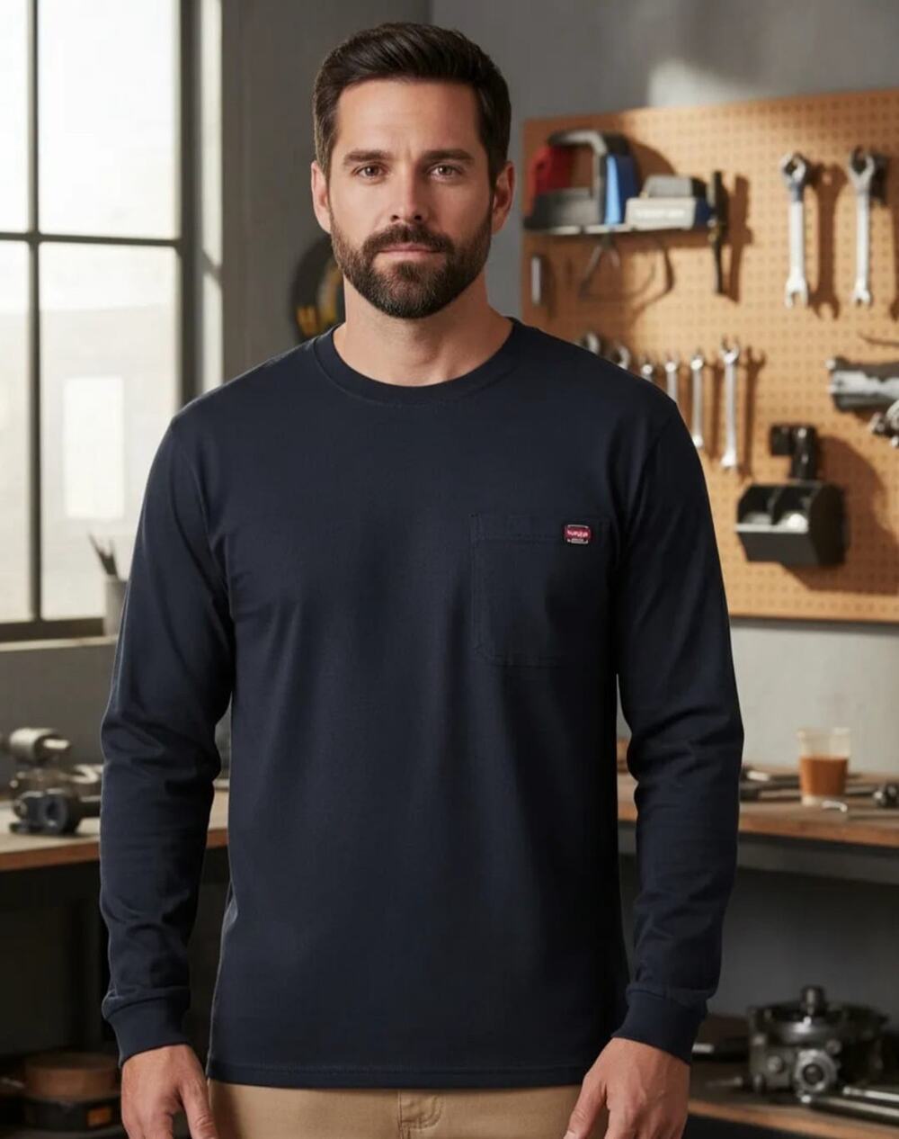 Wrangler Workwear Men's T Shirt Long Sleeve Pocket Blue Size 42-44 Large